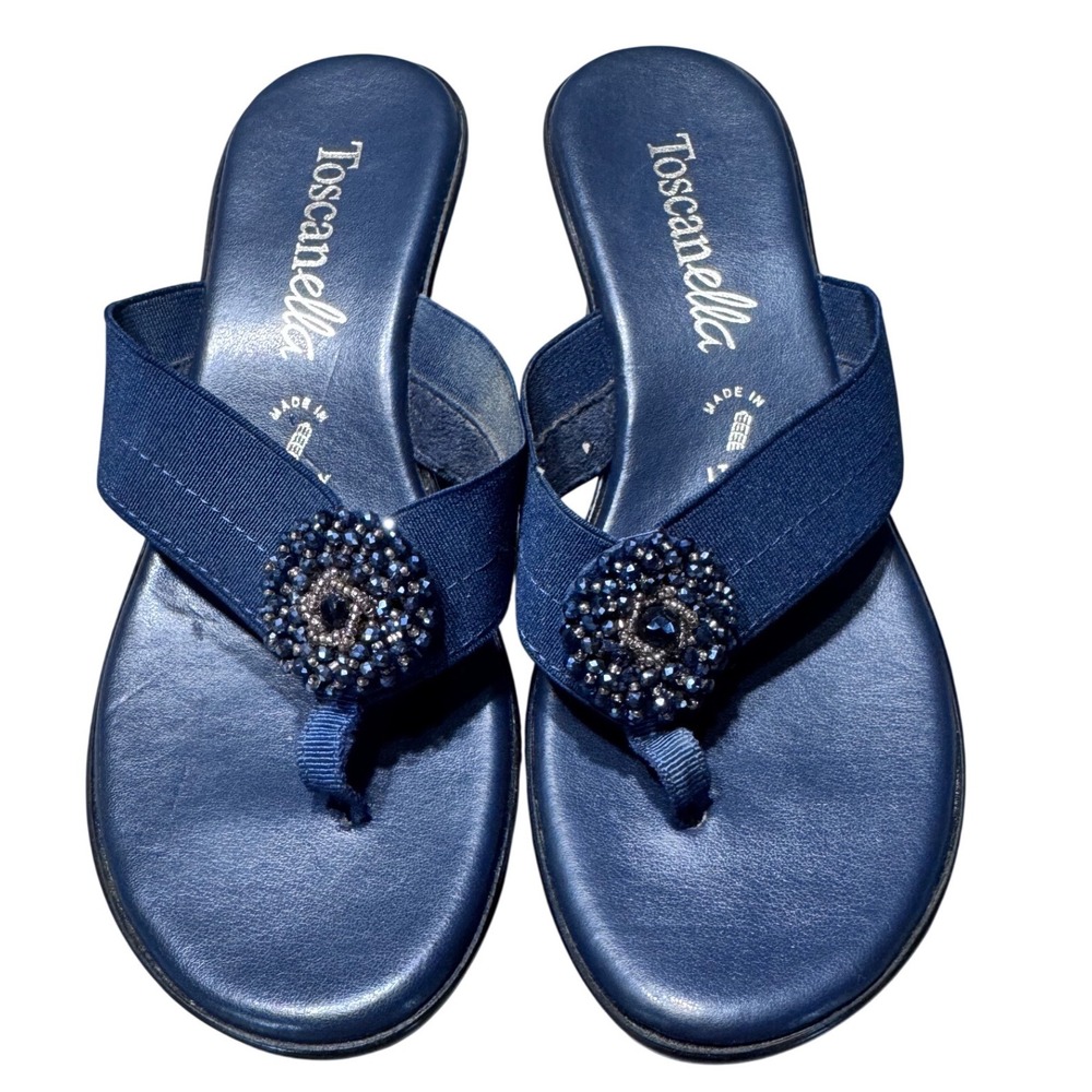 Toscanella Wedge Sandals Beaded Navy Blue 6.5 Boho Resort Made in Italy